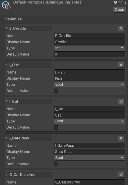 DialogueVariables asset in the Inspector